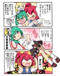  2girls bare_legs black_skirt blood blouse breasts cleavage commentary_request eromame green_eyes green_hair juliet_sleeves long_sleeves miniskirt multiple_girls nosebleed onozuka_komachi pink_hair puffy_short_sleeves puffy_sleeves shiki_eiki short_sleeves skirt touhou translation_request two_side_up white_blouse 