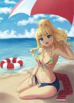  1girl arm_up armpits beach_umbrella blonde_hair blue_eyes blue_sky breasts clouds commentary_request day eyebrows eyebrows_visible_through_hair hair_ornament hair_scrunchie highres idolmaster idolmaster_cinderella_girls idolmaster_cinderella_girls_starlight_stage lifebuoy long_hair looking_at_viewer medium_breasts ocean ootsuki_yui open_mouth ponytail rian_(otoha1221) sand scrunchie sitting sky solo swimsuit umbrella water yokozuwari 