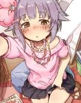  1girl 7010 black_skirt blush bow bow_panties brown_eyes commentary embarrassed from_above hair_bow hair_ornament hairclip idolmaster idolmaster_cinderella_girls jewelry koshimizu_sachiko lifted_by_self necklace open_mouth panties pearl_necklace pink_shirt purple_hair self_shot shirt short_hair sitting skirt skirt_lift solo underwear white_panties 