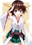  1girl arm_up bare_shoulders blue_eyes blush brown_hair commentary_request detached_sleeves headgear hiei_(kantai_collection) japanese_clothes kantai_collection looking_at_viewer nontraditional_miko open_mouth salute shiny shiny_skin short_hair solo tatsuno 