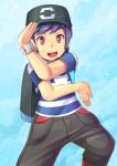  1boy backpack bag baseball_cap beater black_hair blue_background capri_pants hat male_protagonist_(pokemon_sm) pants pokemon pokemon_(game) pokemon_sm red_eyes short_hair simple_background smile z-move z-ring 