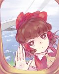  1girl against_glass aircraft airplane ascot bangs blunt_bangs bow closed_mouth day expressionless eyebrows eyebrows_visible_through_hair hair_bow hair_tubes hakurei_reimu highres looking_at_viewer ocean outdoors palms red_bow sketch solo touhou upper_body white_pupils window yoruny 