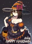  1girl black_eyes black_hair bow breasts cleavage corset halloween hat hat_bow highres original puffy_short_sleeves puffy_sleeves pumpkin short_hair short_sleeves skirt_hold sola_(solo0730) solo star wand witch_hat 
