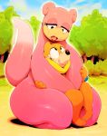  buizel bush eyelashes furry grass hug hug_from_behind lipstick makeup nervous_smile no_humans pokemon pokemon_(creature) sitting sitting_on_lap sitting_on_person slowpoke smile sunibee sweatdrop tail tree 