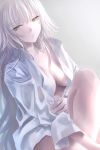 1girl bare_legs bottomless breasts center_opening closed_mouth collared_shirt dress_shirt expressionless eyebrows_visible_through_hair fate/grand_order fate_(series) jeanne_alter knee_up long_hair looking_at_viewer medium_breasts no_bra open_clothes open_shirt oversized_clothes pale_skin ruler_(fate/apocrypha) shirt sidelocks sitting solo sushimaro type-moon unbuttoned_shirt white_hair white_shirt yellow_eyes