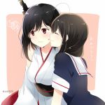  2girls ahoge bare_shoulders black_hair black_serafuku blush breasts cheek_kiss closed_eyes closed_mouth commentary_request detached_sleeves eyebrows eyebrows_visible_through_hair hair_ornament heart highres japanese_clothes kantai_collection kiss large_breasts long_hair multiple_girls nontraditional_miko obi out_of_frame red_eyes sash school_uniform serafuku shigure_(kantai_collection) short_hair translated twitter_username yamashiro_(kantai_collection) yukichi_(eikichi) 