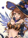  1girl arms_behind_back bare_shoulders beatrix_(granblue_fantasy) blush breasts brown_hair cleavage gradient gradient_background granblue_fantasy green_eyes halloween halloween_costume hat long_hair looking_at_viewer medium_breasts midriff navel open_mouth rope solo tears white_crow witch_hat 