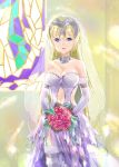  1girl bare_shoulders blonde_hair blue_eyes bouquet breasts bridal_veil bride cleavage elbow_gloves fate/grand_order fate_(series) flower gloves large_breasts long_hair navel_cutout priyaphr ruler_(fate/apocrypha) solo stained_glass thigh-highs veil wedding 