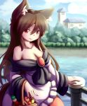  1girl absurdres animal_ears breasts brooch brown_hair cleavage collarbone dango dior-zi dress fingernails food fruit highres imaizumi_kagerou jewelry large_breasts light_smile long_sleeves looking_at_viewer nail_polish red_eyes red_nails solo tail touhou wagashi wide_sleeves wolf_ears wolf_tail 