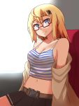  1girl ahoge as_val_(girls_frontline) bangs belt black_skirt blonde_hair blue_eyes breasts cleavage collarbone covered_nipples crop_top cyka emblem girls_frontline glasses hair_between_eyes hair_ornament hairclip horizontal_stripes long_sleeves looking_at_viewer medium_breasts miniskirt navel pleated_skirt red_glasses short_hair sideboob sitting skirt smile solo striped striped_clothes 