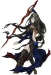  1girl back_tattoo bare_shoulders black_hair castlevania castlevania:_order_of_ecclesia floating_hair kojima_ayami long_hair shanoa solo sword tattoo thigh-highs very_long_hair weapon 