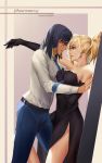  2girls black_dress black_hair blonde_hair dark_skin dress elbow_gloves formal gloves iceky mercy_(overwatch) multiple_girls overwatch pharah_(overwatch) yuri 