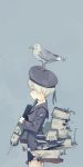  1girl animal animal_on_head astg bird bird_on_head blue blue_eyes cowboy_shot damaged dress hat kantai_collection muted_color profile sailor_hat seagull short_hair silver_hair sketch solo torn_clothes torn_dress z1_leberecht_maass_(kantai_collection) 