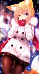  1girl :d absurdres adjusting_scarf animal_ears bangs blonde_hair blue_eyes blurry_background blush brown_legwear brown_skirt buttons coat contrapposto cowboy_shot dutch_angle evening eyebrows eyebrows_visible_through_hair fox_ears fox_tail fur-trimmed_coat fur_coat fur_trim hair_over_eyes hands_up head_tilt highres hood hood_down long_sleeves looking_at_viewer miniskirt one_eye_closed open_mouth original outdoors pantyhose pleated_skirt red_scarf scarf short_hair skirt smile snowing solo standing sukemyon tail teeth white_coat winter winter_clothes winter_coat 