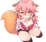  1girl animal_ears black_legwear blush bra breasts cleavage collarbone fate/extra fate/extra_ccc fate_(series) fox_ears fox_tail large_breasts looking_at_viewer looking_up open_clothes open_shirt pink_bra pink_hair shirt solo tail tamamo_(fate)_(all) tamamo_no_mae_(fate) thigh-highs umishima_rinta underwear yellow_eyes 