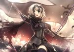  &gt;:o 1girl :o ahoge armor armored_dress backlighting black_legwear breasts cowboy_shot fate/grand_order fate_(series) flag foreshortening gauntlets glint headpiece holding holding_sword holding_weapon jeanne_alter medium_breasts open_mouth ruler_(fate/apocrypha) sakuyosi short_hair silver_hair solo sword thigh-highs torn_cape weapon yellow_eyes 