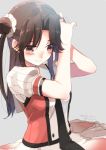  1girl 2016 adjusting_hair black_necktie blush brown_eyes brown_hair closed_mouth commentary_request dated double_bun hair_ornament hair_scrunchie half_updo jintsuu_(kantai_collection) kantai_collection ko_ru_ri long_hair necktie out_of_frame remodel_(kantai_collection) school_uniform scrunchie short_sleeves solo twitter_username upper_body 