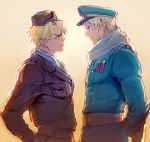  2boys america_(hetalia) arms_behind_back axis_powers_hetalia blonde_hair blue_eyes bomber_jacket double-breasted eye_contact gradient gradient_background hat jacket looking_at_another male_focus military military_uniform multiple_boys peaked_cap russia russia_(hetalia) scarf sunset uniform upper_body violet_eyes 