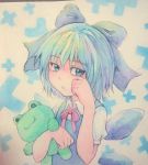  1girl :&lt; blue_eyes blue_hair bow cirno frog frown hair_bow holding ice ice_wings looking_at_viewer looking_to_the_side neck_ribbon photo ribbon sad short_hair solo stuffed_toy tearing_up tears touhou traditional_media upper_body watercolor_(medium) wings wiping_tears yuyu_(00365676) 