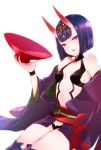  1girl alcohol black_panties breasts cup daba_san fang fate/grand_order fate_(series) highres holding holding_cup horns japanese_clothes looking_at_viewer navel oni oni_horns open_mouth panties purple_hair sakazuki sash short_hair shuten_douji_(fate/grand_order) simple_background small_breasts smile solo thigh-highs underwear violet_eyes white_background zettai_ryouiki 