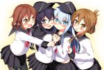  4girls akatsuki_(kantai_collection) anchor_symbol black_hair black_legwear black_skirt blue_eyes blush brown_eyes brown_hair cheek-to-cheek fang flat_cap folded_ponytail group_hug hair_between_eyes hair_ornament hairclip hat hibiki_(kantai_collection) highres holding_hands hug ikazuchi_(kantai_collection) inazuma_(kantai_collection) kantai_collection kawai_(purplrpouni) long_hair looking_at_viewer messy_hair multiple_girls neckerchief one_eye_closed open_mouth pantyhose pleated_skirt school_uniform serafuku short_hair silver_hair skirt smile violet_eyes 