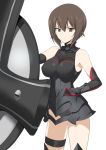  1girl boots breasts brown_eyes brown_hair comic commentary_request cosplay dress elbow_gloves fate/grand_order fate_(series) girls_und_panzer gloves hand_on_hip harukon_(halcon) highres knee_boots large_breasts looking_at_viewer nishizumi_maho shadow shielder_(fate/grand_order) shielder_(fate/grand_order)_(cosplay) short_hair sleeveless sleeveless_dress solo thigh_strap white_background 