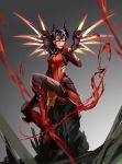  1girl alternate_costume black_hair blood blood_splatter bodysuit breasts dark_persona demon_horns demon_tail devil_mercy facial_mark finger_to_mouth forehead_mark full_body gloves glowing gradient gradient_background grey_background highres horns iceky light_smile lips looking_at_viewer mechanical_wings mercy_(overwatch) nose orange_wings overwatch pantyhose ponytail sitting small_breasts solo spread_wings tail torn_bodysuit torn_clothes torn_pantyhose violet_eyes wings 
