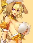 1girl :d alternate_costume animal_ears armpits bare_shoulders blonde_hair blue_eyes braid breasts collar detached_sleeves dog_ears eyebrows eyebrows_visible_through_hair fate/apocrypha fate/extella fate/grand_order fate_(series) from_side gloves hat highres kemonomimi_mode large_breasts long_hair looking_at_viewer looking_to_the_side melon22 open_mouth puffy_short_sleeves puffy_sleeves revealing_clothes ruler_(fate/apocrypha) short_sleeves sideboob single_braid smile solo under_boob upper_body white_gloves 