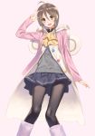  1girl absurdres ahoge aikawa_miyuu black_legwear blue_skirt blush boots brown_eyes brown_hair cardigan coat commentary_request highres jacket looking_at_viewer mikazuchi_zeus occultic;nine open_mouth pantyhose pleated_skirt skirt smile solo standing v 