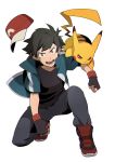  1boy black_hair boots brown_eyes facial_mark full_body hat hat_removed headwear_removed highres holding holding_poke_ball kneeling male male_focus open_clothes open_mouth open_shirt pikachu poke_ball pokemon pokemon_(anime) pokemon_(creature) redlhzz satoshi_(pokemon) shirt simple_background white_background 
