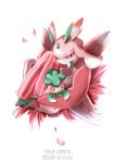  absurdres blush character_name dated fomantis full_body highres holding insect_girl kenshih looking_at_viewer lurantis no_humans petals pokemon pokemon_(creature) pokemon_(game) pokemon_sm red_eyes sitting striped white_background 
