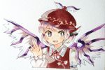  1girl :d bird_wings blush brooch collared_shirt hat highres jewelry long_sleeves looking_at_viewer mystia_lorelei open_mouth pink_eyes pink_hair sasa_kichi scan scan_artifacts shirt short_hair smile solo touhou traditional_media upper_body vest waving winged_hat wings 