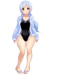  1girl barefoot black_swimsuit competition_swimsuit covered_navel finalcake highleg highleg_swimsuit jacket light_smile logo looking_at_viewer low_ponytail one-piece_swimsuit original red_eyes sandals smile standing swimsuit white_hair white_jacket 