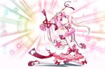  1girl bare_shoulders bow breasts cleavage collar corset dress full_body gloves gradient_hair hand_on_own_head heart kazunehaka kneehighs kneeling magical_girl medium_breasts multicolored_hair original pink_dress pink_eyes pink_hair ribbon scepter solo twintails white_gloves 
