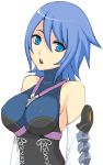  1girl :o aqua_(kingdom_hearts) bangs bare_shoulders blue_eyes blue_hair breasts covered_nipples detached_sleeves hair_between_eyes impossible_clothes kingdom_hearts kingdom_hearts_birth_by_sleep lang_(chikage36) lips looking_away looking_to_the_side medium_breasts no_bra open_mouth ribbon short_hair simple_background solo teeth turtleneck upper_body white_background white_ribbon 