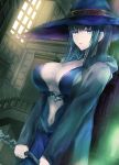  1girl bangs blue_eyes breasts cleavage cloak collarbone commentary_request fura green_hair hat highres holding holding_staff large_breasts long_hair long_sleeves looking_at_viewer open_cloak original parted_lips sidelocks solo staff under_boob upper_body witch_hat 