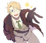  1boy :d ;) ;d america_(hetalia) axis_powers_hetalia blonde_hair blue_eyes blush_stickers bomber_jacket brown_gloves dashi_(minzoku_gb) from_above glasses gloves green_necktie jacket male_focus military military_uniform necktie one_eye_closed open_clothes open_jacket open_mouth outstretched_hand smile solo star uniform 
