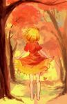  1girl aki_shizuha autumn autumn_leaves barefoot blonde_hair dress from_behind ground hair_ornament holding_dress motsuni_(artist) outdoors puffy_short_sleeves puffy_sleeves short_hair short_sleeves solo standing touhou tree 