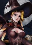  1girl alternate_costume blonde_hair blue_eyes breasts brooch capelet cleavage earrings elbow_gloves eyelashes full_moon gloves halloween halloween_costume hat highres jewelry lips looking_at_viewer mechanical_wings medium_breasts mercy_(overwatch) moon night nose oroo outdoors overwatch short_sleeves solo upper_body wings witch witch_hat witch_mercy 