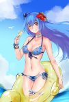  ;p alternate_costume bikini bird blue_bikini blue_hair blue_hat blue_sky blue_swimsuit blush breasts choker cleavage closed_mouth clouds day flower front-tie_top hair_flower hair_ornament hat highres lifebuoy long_hair looking_at_viewer mini_hat navel one_eye_closed outdoors polka_dot polka_dot_swimsuit popsicle quincy_(zhan_jian_shao_nyu) r.r_(yohanee) red_eyes scrunchie seagull side-tie_bikini sky swimsuit thigh_strap tongue tongue_out water wrist_scrunchie wristband zhan_jian_shao_nyu 