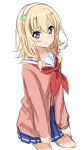  1girl :t abe_kanari blonde_hair blue_skirt cardigan hairband high_school_fleet looking_at_viewer neckerchief pink_sweater pleated_skirt pout red_neckerchief school_uniform serafuku short_hair skirt sweater violet_eyes wakasa_reo 