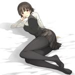  1girl black_hair black_legwear highres long_sleeves looking_at_viewer lying morisawa_haruyuki niijima_makoto on_side pantyhose parted_lips persona persona_5 plaid plaid_skirt red_eyes school_uniform short_hair sketch skirt solo 