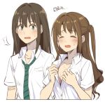  2girls akni bra brown_hair closed_eyes green_eyes idolmaster idolmaster_cinderella_girls long_hair multiple_girls necktie one_side_up open_mouth school_uniform shibuya_rin shimamura_uzuki sweat underwear undressing 