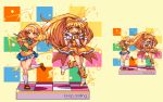  2girls :d arms_up bangs blonde_hair blue_skirt blush book bow bowtie character_request checkered collared_shirt copyright_request double_v eyebrows_visible_through_hair full_body hairband holding holding_book holding_pencil kneehighs loafers long_hair long_sleeves looking_at_viewer migel_futoshi multiple_girls open_mouth pencil pleated_skirt school_uniform shadow shirt shoes short_sleeves shorts_under_skirt skirt smile standing standing_on_one_leg v white_legwear white_shirt yellow_background yellow_bow yellow_bowtie yellow_eyes yellow_shoes 