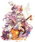  blue_eyes butterfly cloak doraf granblue_fantasy hair_over_one_eye haku_(sabosoda) halloween horns long_hair narumeia_(granblue_fantasy) pink_hair pumpkin sword tail thigh-highs very_long_hair weapon wings 