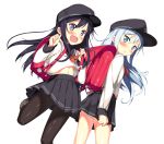  2girls akatsuki_(kantai_collection) anchor_symbol backpack bag black_hair black_legwear black_skirt blue_eyes blush flat_cap hat hibiki_(kantai_collection) highres kantai_collection kawai_(purplrpouni) long_hair looking_at_viewer messy_hair multiple_girls navel neckerchief open_mouth pantyhose pleated_skirt randoseru school_uniform serafuku silver_hair skirt smile 