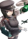  adjusting_glasses akitsu_maru_(kantai_collection) autogyro backpack bag black_hair breasts delta_monster glasses gloves hat kantai_collection large_breasts looking_up military military_hat military_uniform miniskirt pale_skin peaked_cap pleated_skirt randoseru scroll short_hair simple_background skirt thigh-highs uniform white_background white_gloves 