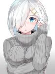  1girl alternate_costume blue_eyes blush breasts casual hair_ornament hair_over_one_eye hairclip hamakaze_(kantai_collection) highres kantai_collection looking_at_viewer open_mouth short_hair sleeves_past_wrists solo suzuharu_(suzuharu0612) sweater white_hair 