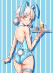  1girl aki_(girls_und_panzer) animal_ears ass back bare_shoulders beer_mug blue_eyes blush breasts bunny_girl bunny_tail bunnysuit cup detached_collar from_behind girls_und_panzer grey_hair highres holding holding_tray leotard looking_at_viewer looking_back open_mouth rabbit_ears sekai_saisoku_no_panda shiny shiny_skin short_hair short_twintails solo tail thigh_strap tray twintails wrist_cuffs 