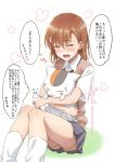  &gt;_&lt; 1girl :d animal blush brown_hair cat closed_eyes copyright_request flower hair_flower hair_ornament hairpin happy hug loose_socks misaka_mikoto open_mouth puma_(hyuma1219) school_uniform short_hair shorts_under_skirt simple_background sitting skirt smile socks solo speech_bubble sweater_vest thighs thought_bubble to_aru_kagaku_no_railgun to_aru_majutsu_no_index translation_request xd 